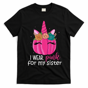 I Wear Pink For My Sister Breast Cancer Awareness Pumpkin Unicorn T-Shirt - Black