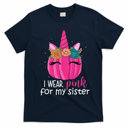 I Wear Pink For My Sister Breast Cancer Awareness Pumpkin Unicorn T-Shirt - Navy Blue