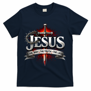 Jesus The Way The Truth The Wife Sword Crown Thorns Christian T-Shirt - Navy