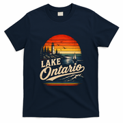 Lake Ontario Sunset Lighthouse Sailing Vintage T-Shirt - Navy Blue