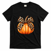 Leopard Print Pumpkin Bow Fall Harvest Decor Autumn T-Shirt - Black