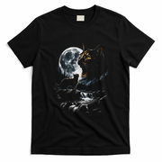 Mystical Cat Moonlight Waterfall Scene T-Shirt - Black
