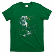 Mystical Cat Moonlight Waterfall Scene T-Shirt - Irish Green