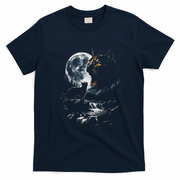 Mystical Cat Moonlight Waterfall Scene T-Shirt - Navy Blue