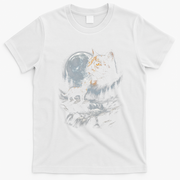 Mystical Cat Moonlight Waterfall Scene T-Shirt - White