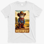 Meowdy Funny Country Side Cat Hat Vintage Cowboy Cat T-Shirt - White
