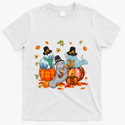 Manatee Pumpkin Leopard Buffalo Plaid Fall Thanksgiving T-Shirt - White