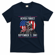 Never Forget September 11 2001 Memorial Day American Flag T-Shirt - Navy Blue