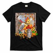 Owls Autumn Tree Leaves Fall Pumpkin T-Shirt - Black