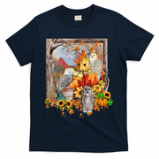 Owls Autumn Tree Leaves Fall Pumpkin T-Shirt - Navy