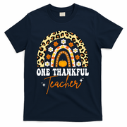 One Thankful Teacher Thanksgiving Fall Autumn Groovy Leopard T-Shirt - Navy