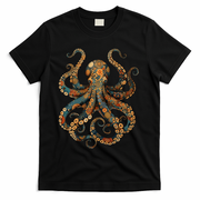Octopus Vintage Floral Patterns Ocean T-Shirt - Black