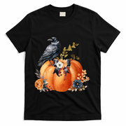 Pretty Autumn Raven Floral Pumpkin Fall Lover T-Shirt - Black