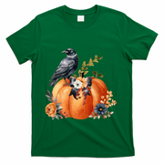 Pretty Autumn Raven Floral Pumpkin Fall Lover T-Shirt - Green