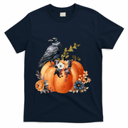 Pretty Autumn Raven Floral Pumpkin Fall Lover T-Shirt - Navy