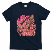 Pink Bling Cowgirl Guitar Western Rhinestone T-Shirt - Navy Blue