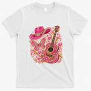 Pink Bling Cowgirl Guitar Western Rhinestone T-Shirt - White