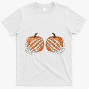 Pumpkin Boobies Skeleton Hands Funnys Funny Halloween Funny T-Shirt - White