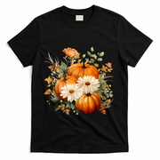 Pumpkin Fall Floral Festive T-Shirt - Black