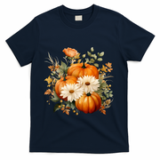 Pumpkin Fall Floral Festive T-Shirt - Navy