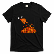 Pumpkin Jumping Into Fall Autumn Leaves T-Shirt - Black