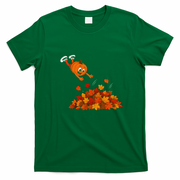 Pumpkin Jumping Into Fall Autumn Leaves T-Shirt - Irish Green