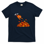 Pumpkin Jumping Into Fall Autumn Leaves T-Shirt - Navy Blue