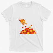 Pumpkin Jumping Into Fall Autumn Leaves T-Shirt - White