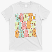Peace Out First Grade Groovy Graduation Last Day Of School T-Shirt - White
