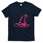 Pink Ribbon Witch Hat Breast Cancer Halloween T-Shirt - Navy Blue