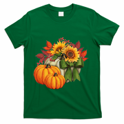 Pumpkin Sunflower Cute Floral Fall Autumn Season T-Shirt - Green