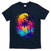 Palm Sunset Ocean Summer Beach Hawaiian T-Shirt - Navy