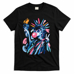 Preppy Statue Of Liberty Blowing Bubble Gum 4th Of July  T-Shirt - Black