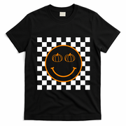 Pumpkin Smiley Retro Checkered T-Shirt - Black