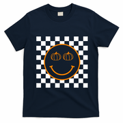 Pumpkin Smiley Retro Checkered T-Shirt - Navy Blue
