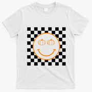 Pumpkin Smiley Retro Checkered T-Shirt - White