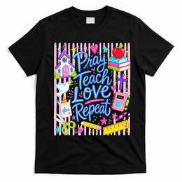 Pray Teach Love Repeat Christian Teacher Striped T-Shirt - Black