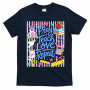 Pray Teach Love Repeat Christian Teacher Striped T-Shirt - Navy Blue