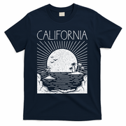 Retro California Rising Sun Palms And Ocean Summer T-Shirt - Navy