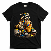 Raccoon Drinking Iced Coffee Autism T-Shirt - Black