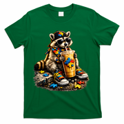 Raccoon Drinking Iced Coffee Autism T-Shirt - Green
