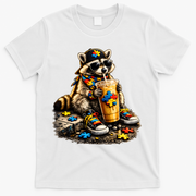 Raccoon Drinking Iced Coffee Autism T-Shirt - White