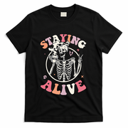 Retro Halloween Skeleton Coffee Mug Groovy Staying Alive Hippie T-Shirt - Black
