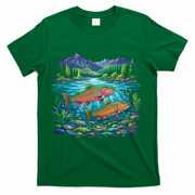 Retro Trout 90s Fishing Mountain River T-Shirt - Green