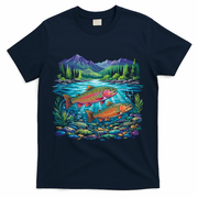 Retro Trout 90s Fishing Mountain River T-Shirt - Navy