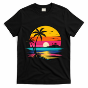 Retro Tropical Sunset Vibe Graphic Summer Beach Gift T-Shirt - Black
