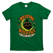 Resting Witch Face Black Cat Moon Halloween Art T-Shirt - Irish Green