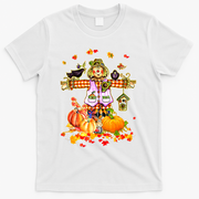 Scarecrow Autumn Hello Fall Pumpkin Thanksgiving Halloween T-Shirt - White
