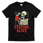 Staying Alive Skeleton Coffe Funny Retro Vintage Halloween T-Shirt - Black