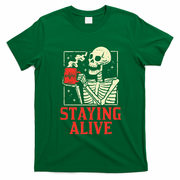 Staying Alive Skeleton Coffe Funny Retro Vintage Halloween T-Shirt - Irish Green